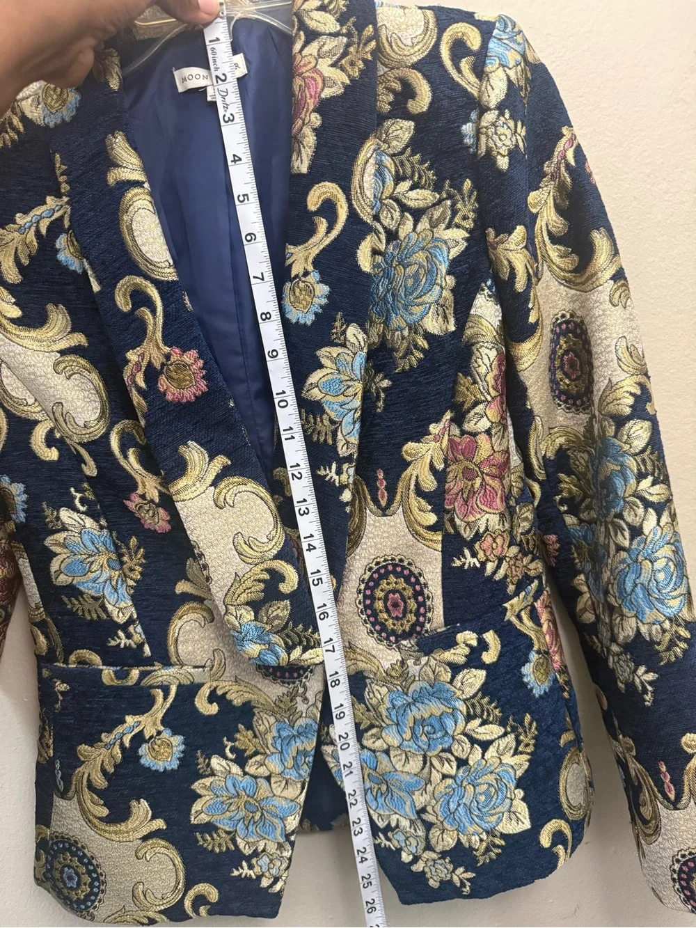 Moon River Navy Floral Jacquard Blazer with Gold Accents - Picture 8 of 8